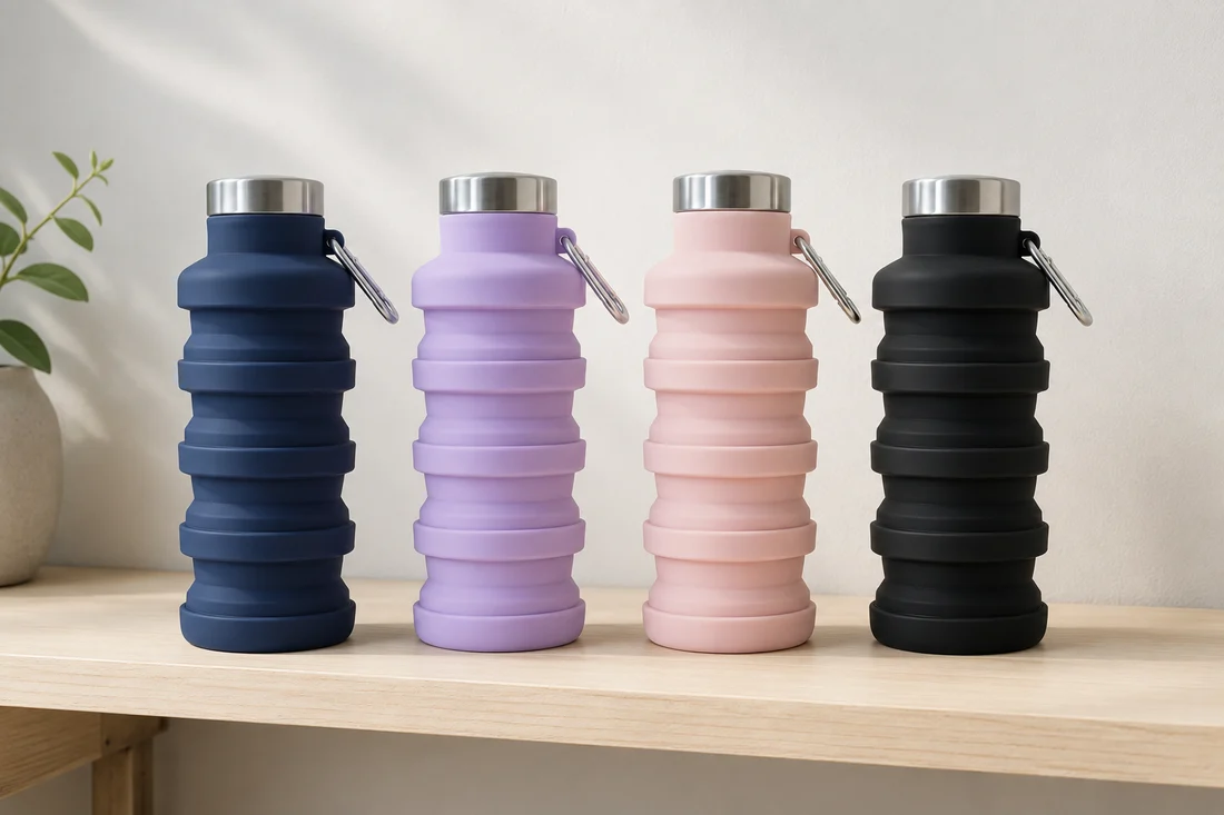 The four Squishly colors lined up on a shelf: Slate, Lavender, Blush and Black