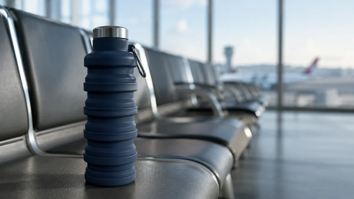 A Slate collapsible bottle standing on an airport waiting-area seat