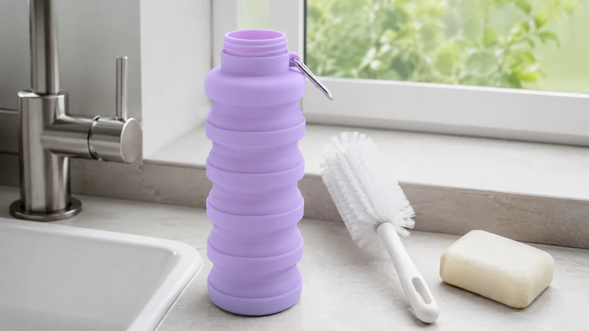 A Lavender collapsible bottle unfolded beside a bottle brush and a bar of soap at a kitchen sink