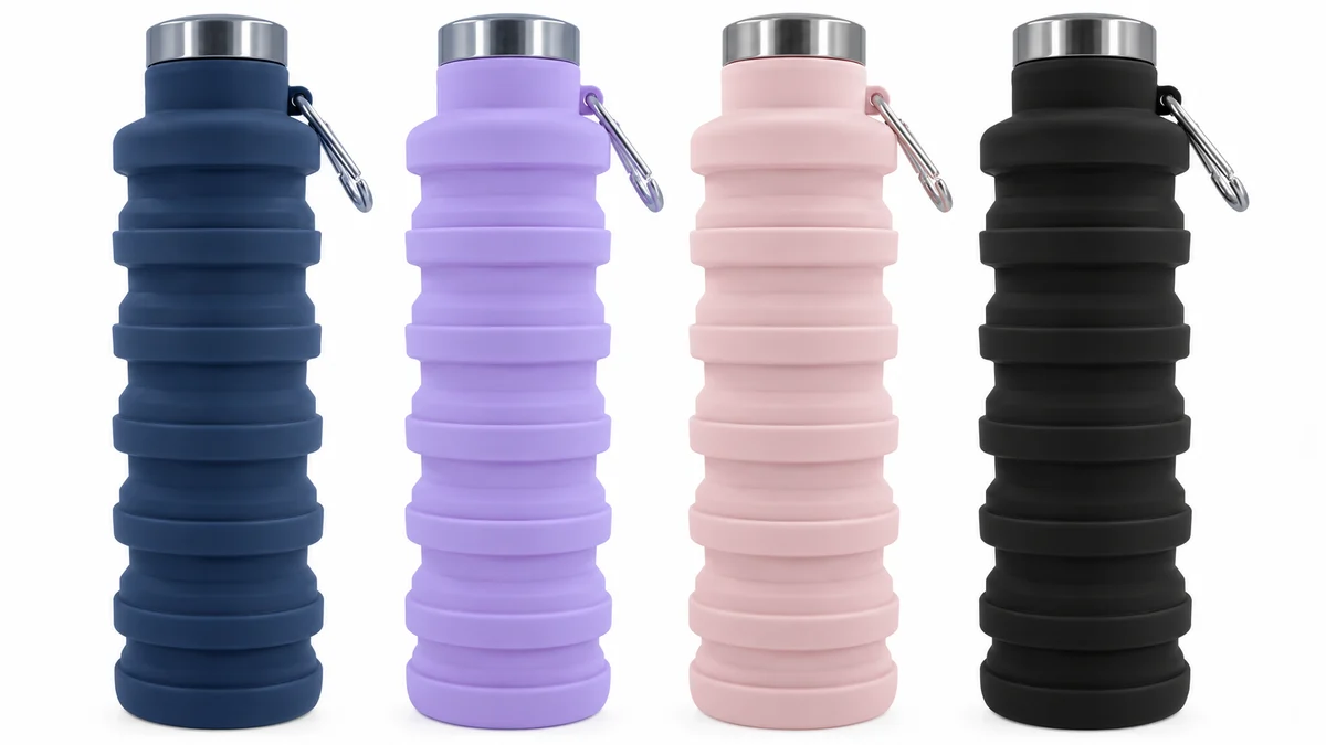 The Squishly collapsible water bottle in all four colors — Slate, Lavender, Blush and Black — laid side by side