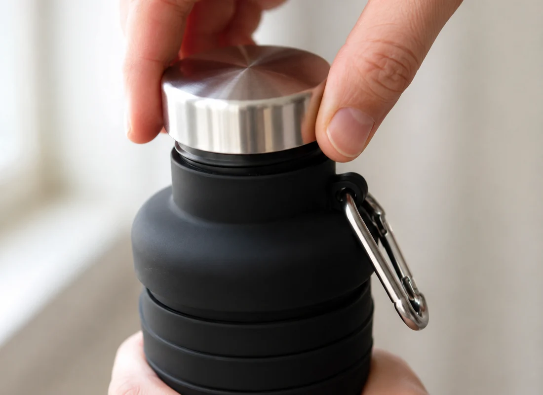 Two hands screwing the stainless steel cap onto a Black collapsible water bottle