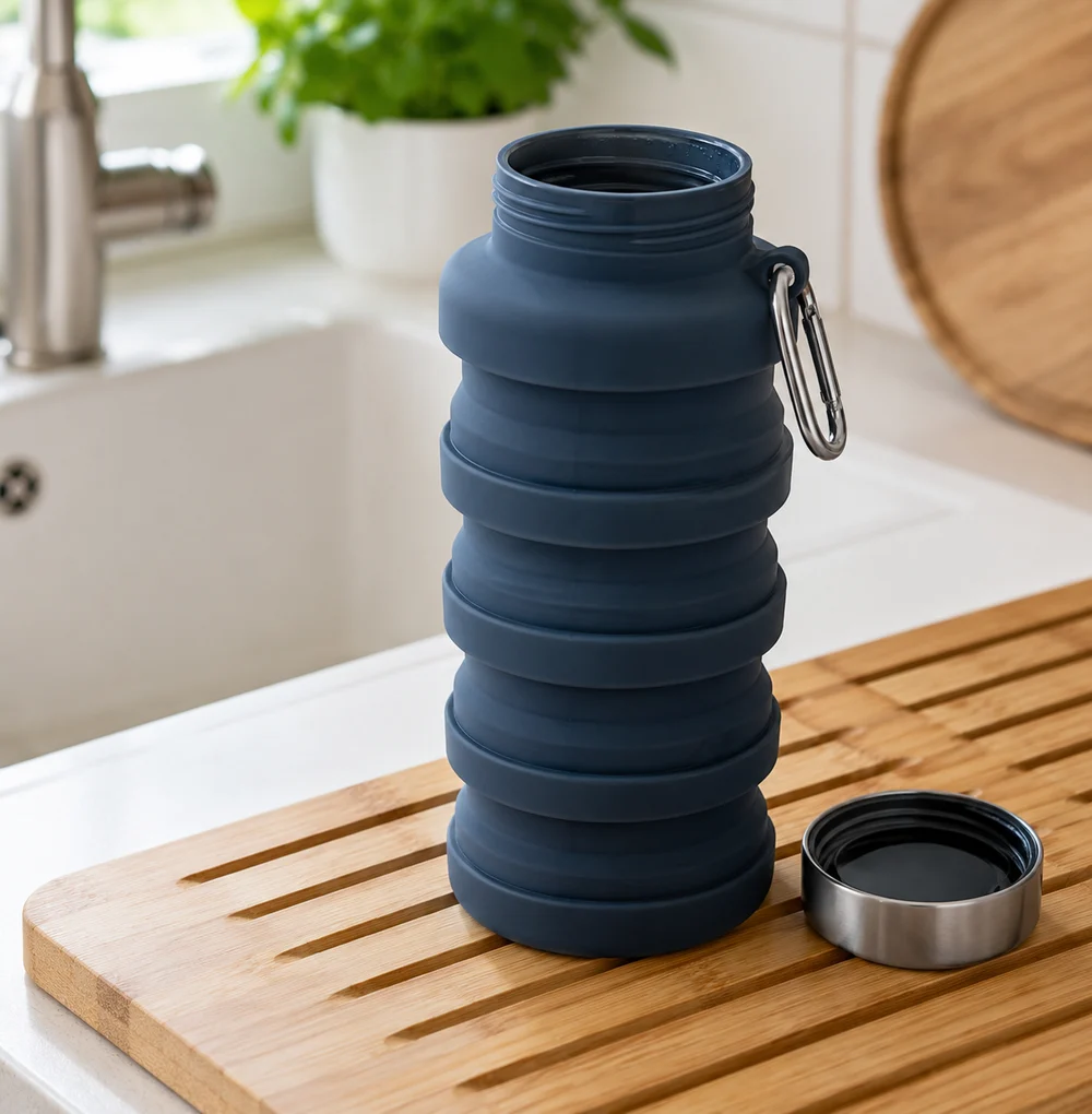 A Slate collapsible bottle standing open on a wooden board with its cap beside it