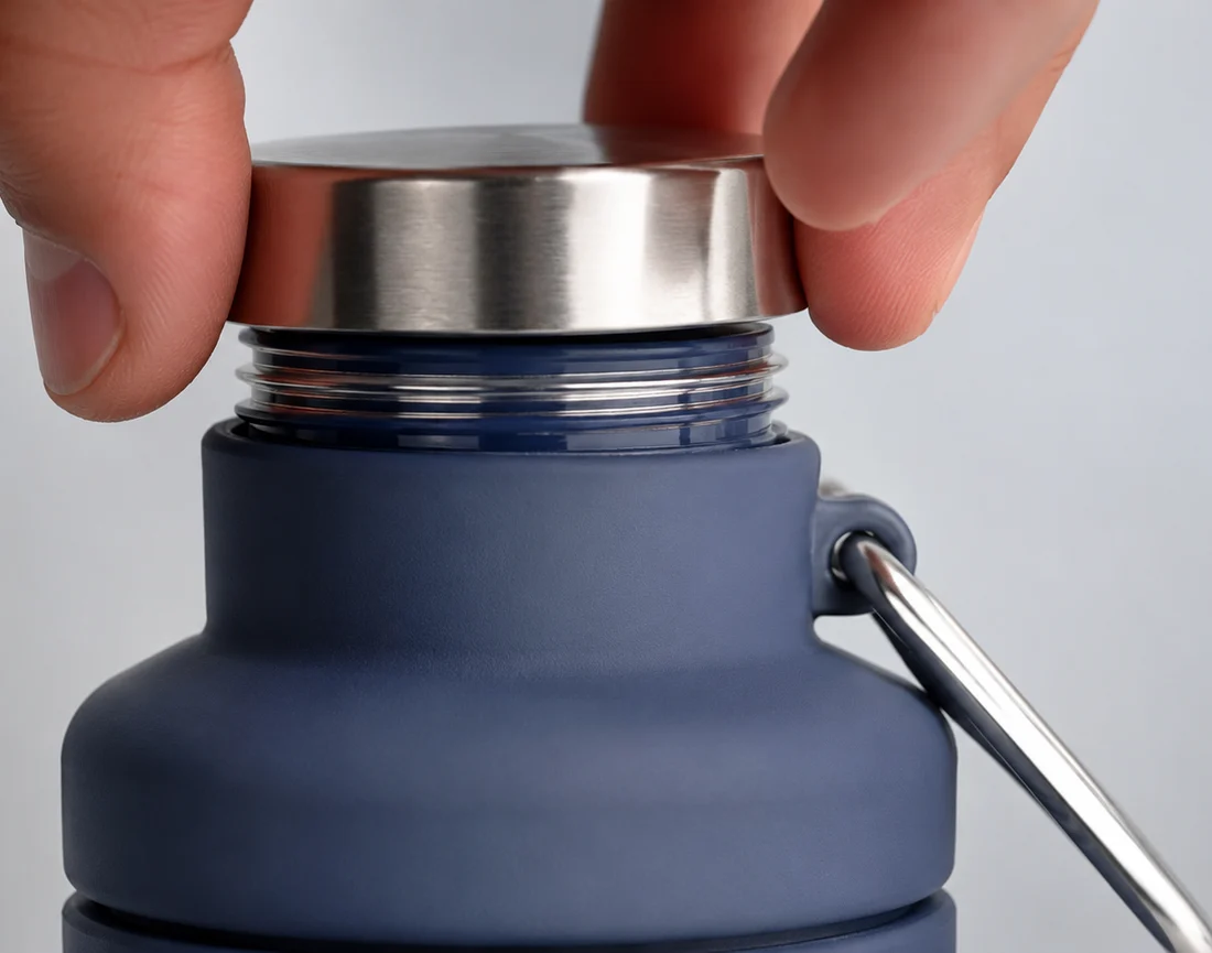 A hand pressing the stainless steel cap onto a Slate collapsible bottle