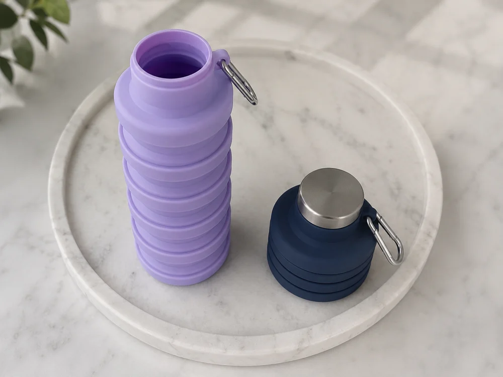 A Lavender bottle at full height beside a folded Slate one on a marble plate