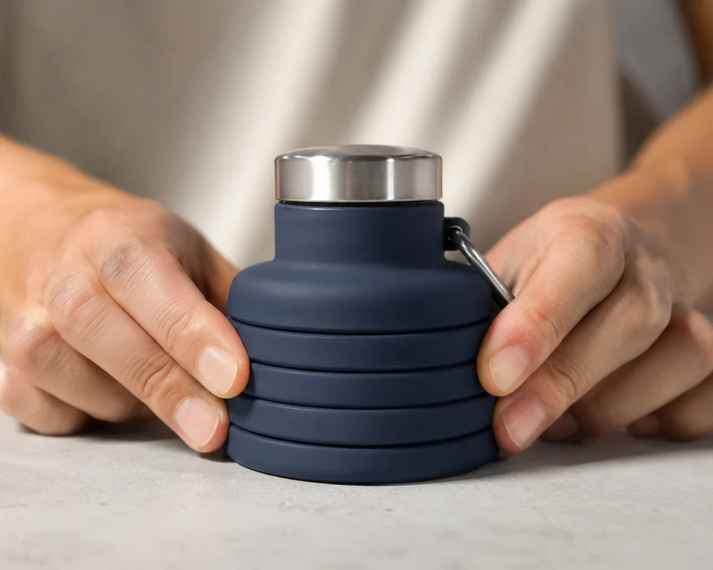 Two hands pressing a Slate collapsible bottle down along its accordion rings