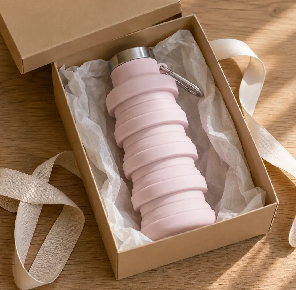 A Blush collapsible water bottle packed in a plain kraft gift box with a ribbon