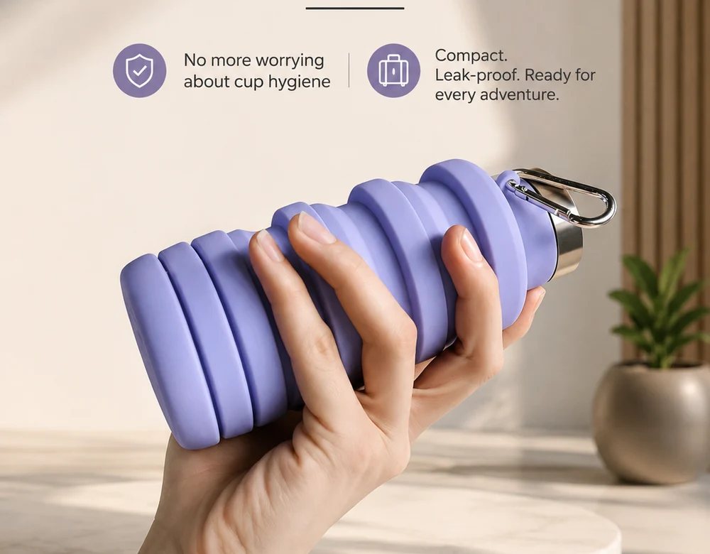 A hand squeezing a Lavender silicone bottle, showing how the body flexes without deforming