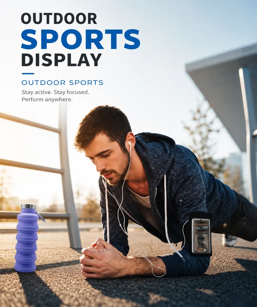 A man exercising outdoors with a Lavender collapsible bottle beside him