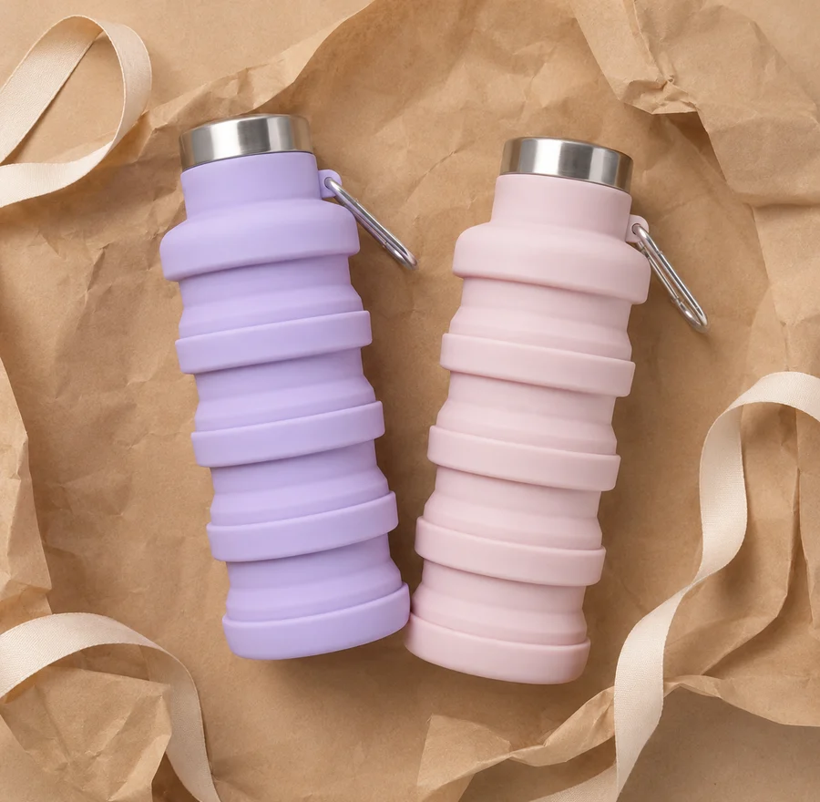 A Lavender and a Blush collapsible bottle resting on kraft paper with a ribbon