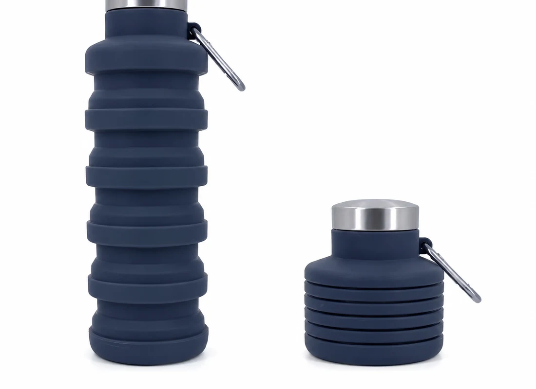 The same Slate bottle shown at full height and folded down beside it, showing how far it collapses