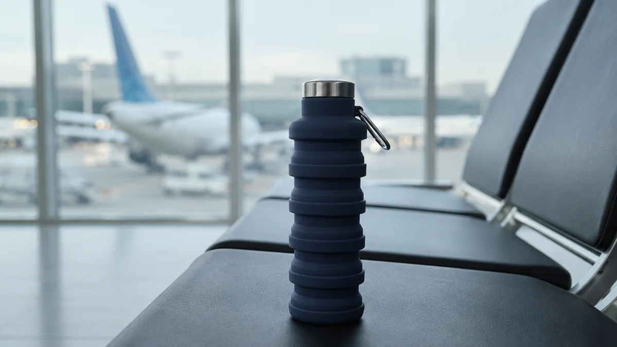 A Slate collapsible water bottle standing empty on an airport waiting-area seat, planes visible outside