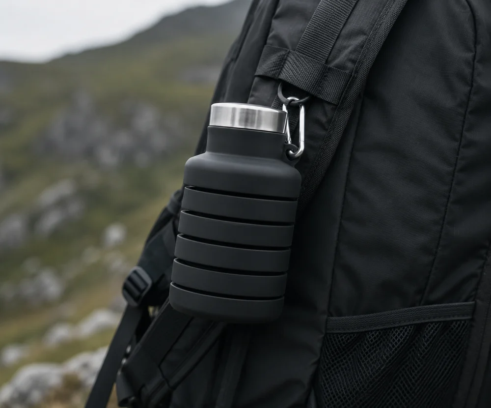A Black collapsible water bottle clipped by its carabiner to the side of a hiking backpack
