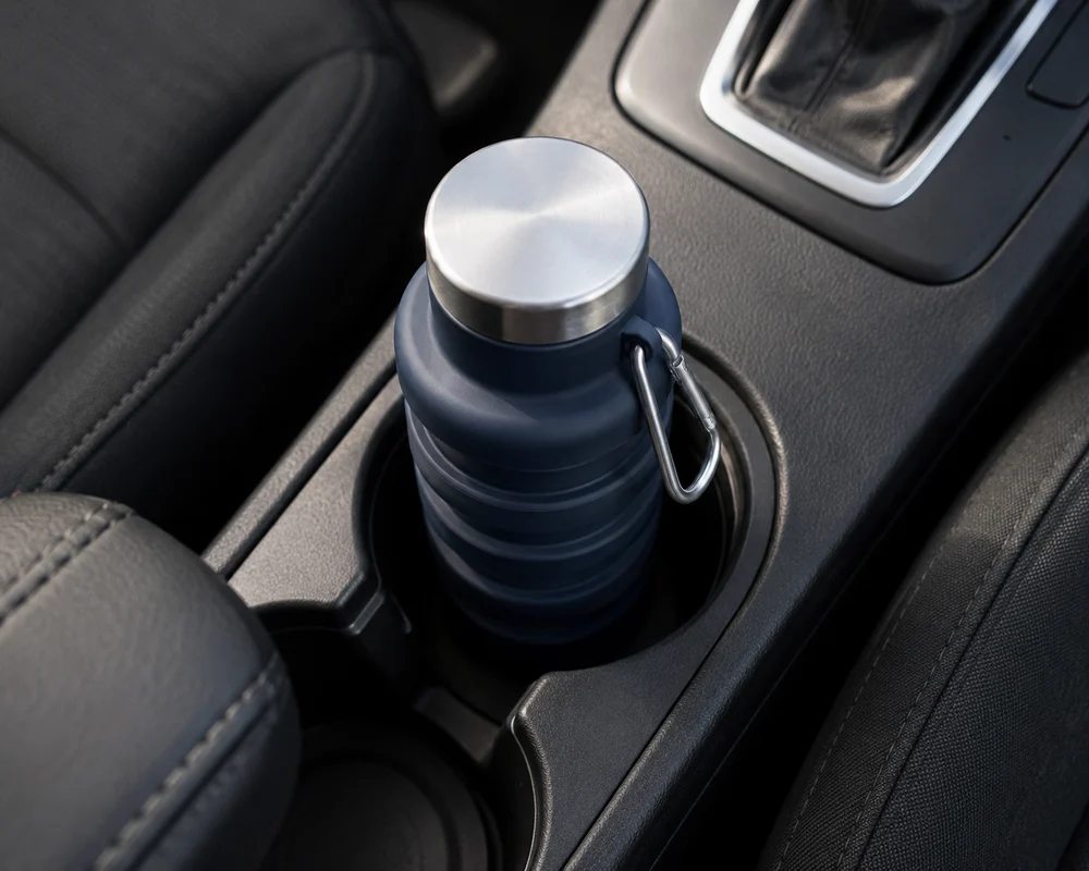 A Slate collapsible water bottle standing in a car cup holder