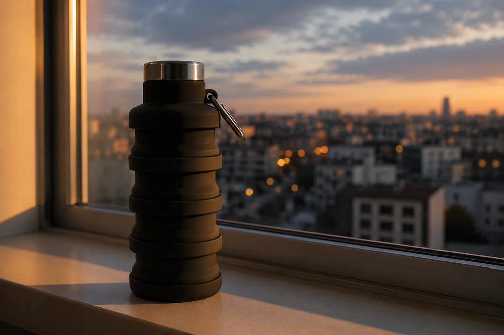 A Black collapsible bottle on a window sill at dusk, city lights outside